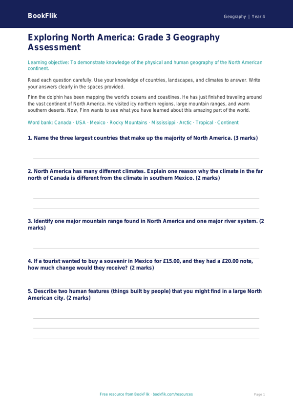 North America Assessment Grade 3 | Geography | BookFlik worksheet preview — Geography North America