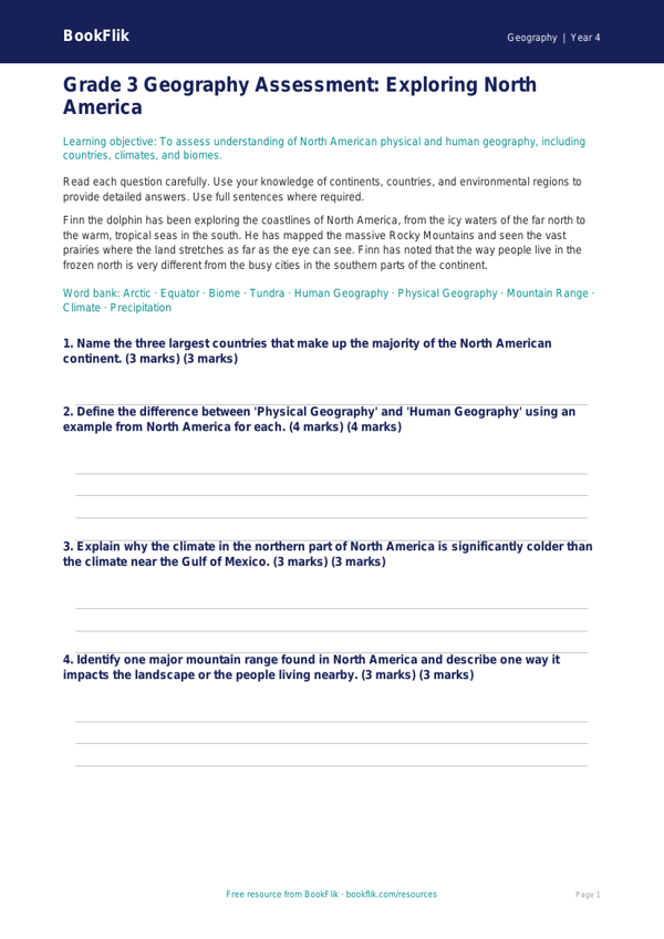 Free North America Assessment | Grade 3 | Geography | BookFlik worksheet preview — Geography North America