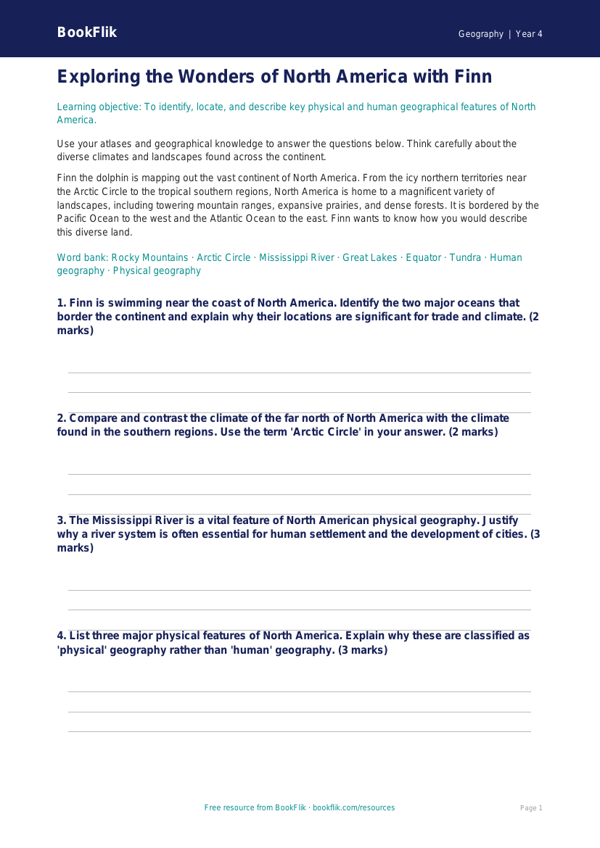 Free North America Worksheet | Grade 3 | Geography | BookFlik worksheet preview — Geography North America