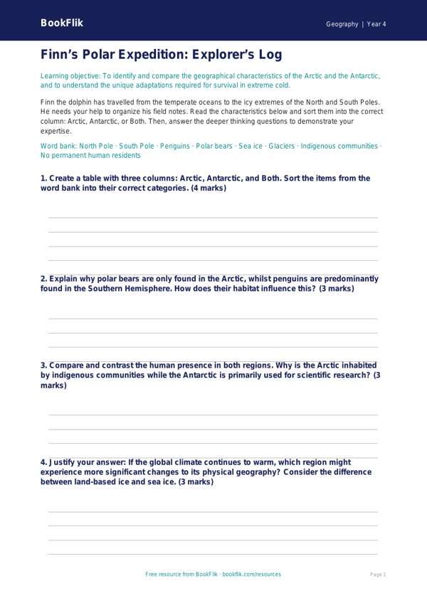 Free Polar Regions Activity Sheet | Grade 3 | Geography | BookFlik worksheet preview — Geography Polar Regions