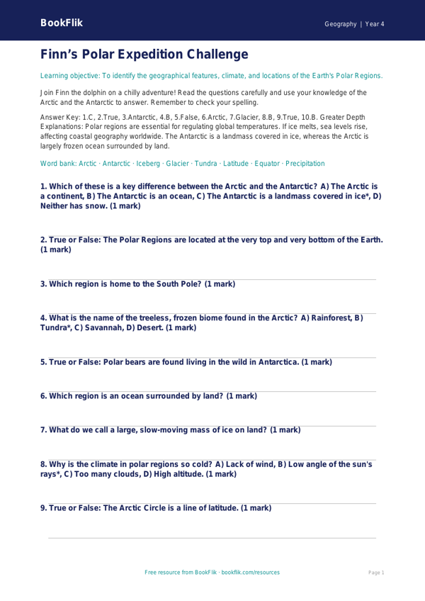 Free Polar Regions Quiz | Grade 3 | Geography | BookFlik worksheet preview — Geography Polar Regions