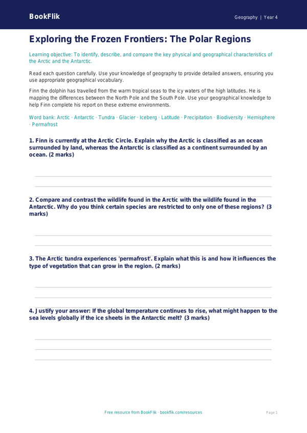 Free Polar Regions Worksheet | Grade 3 | Geography | BookFlik worksheet preview — Geography Polar Regions