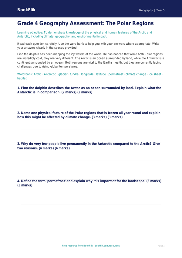 Free Polar Regions Assessment | Grade 4 | Geography | BookFlik worksheet preview — Geography Polar Regions