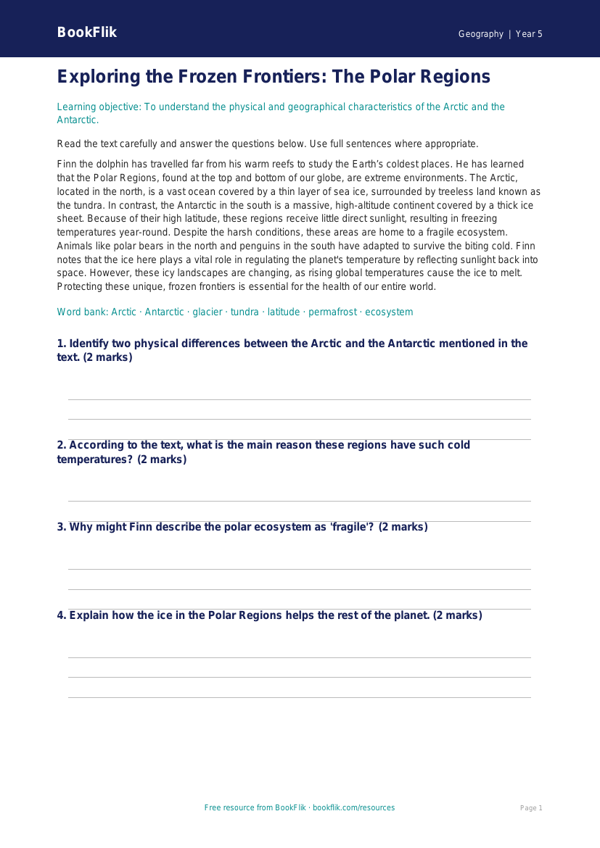 Free Polar Regions Comprehension | Grade 4 | Geography | BookFlik worksheet preview — Geography Polar Regions
