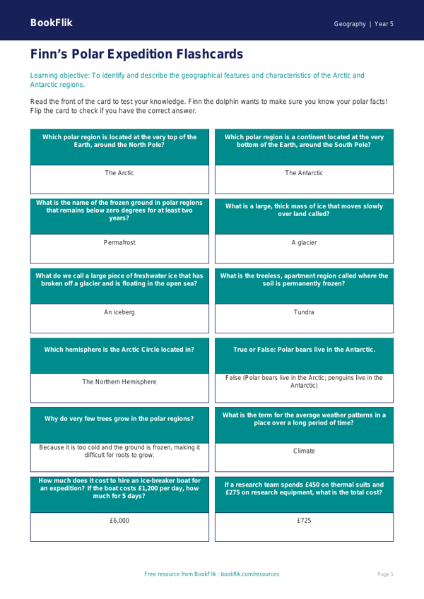 Free Polar Regions Flashcards | Grade 4 | Geography | BookFlik worksheet preview — Geography Polar Regions