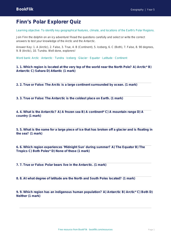 Free Polar Regions Quiz | Grade 4 | Geography | BookFlik worksheet preview — Geography Polar Regions