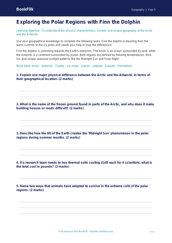 Free Polar Regions Worksheet | Grade 4 | Geography | BookFlik worksheet preview — Geography Polar Regions