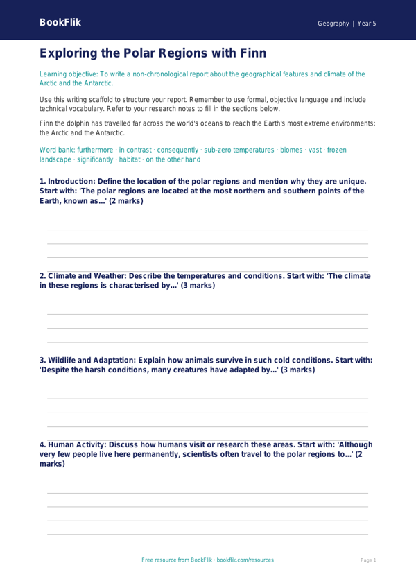Free Polar Regions Writing Frame | Grade 4 | Geography | BookFlik worksheet preview — Geography Polar Regions