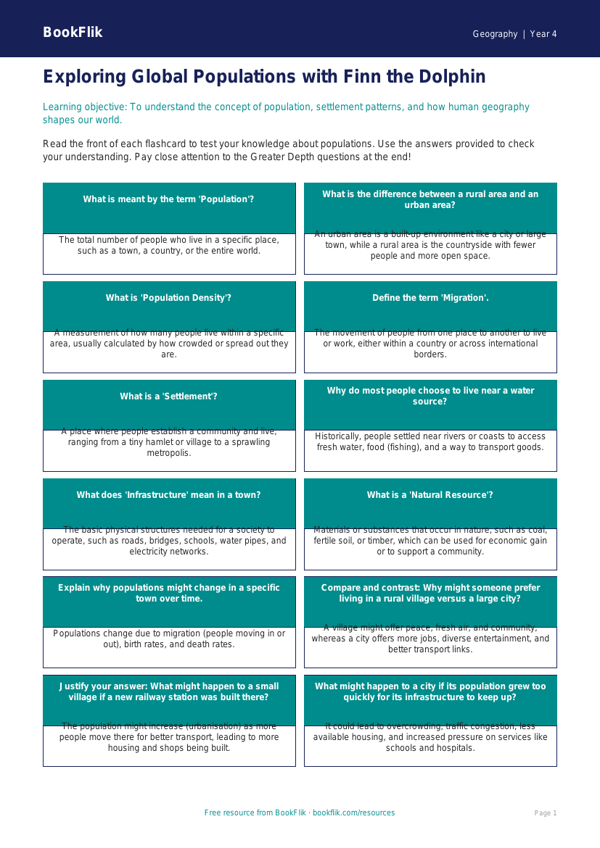 Free Population Flashcards | Grade 3 | Geography | BookFlik worksheet preview — Geography Population
