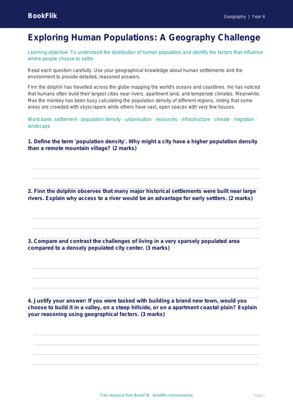 Free Population Worksheet | Grade 3 | Geography | BookFlik worksheet preview — Geography Population