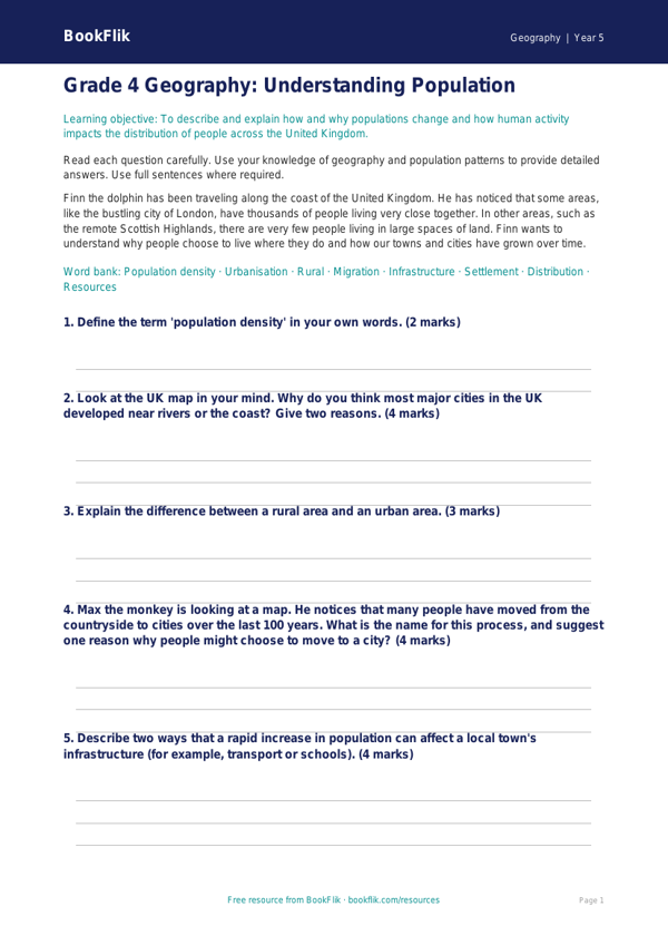 Free Population Assessment | Grade 4 | Geography | BookFlik worksheet preview — Geography Population