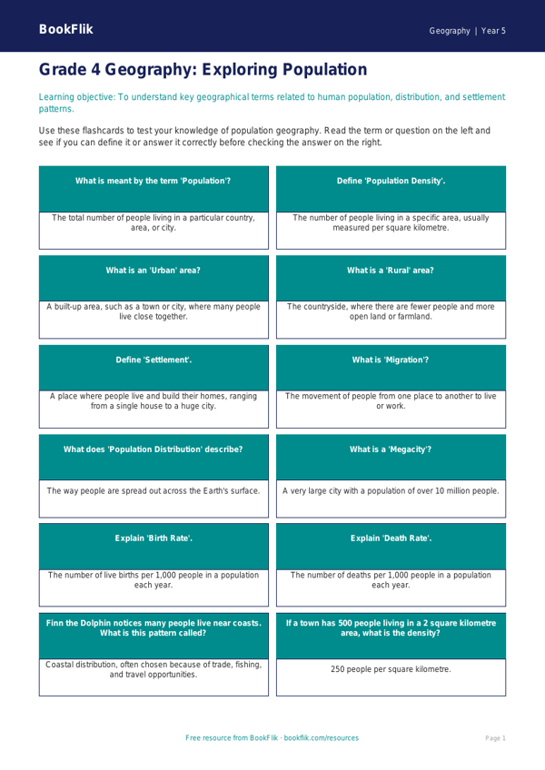 Free Population Flashcards | Grade 4 | Geography | BookFlik worksheet preview — Geography Population