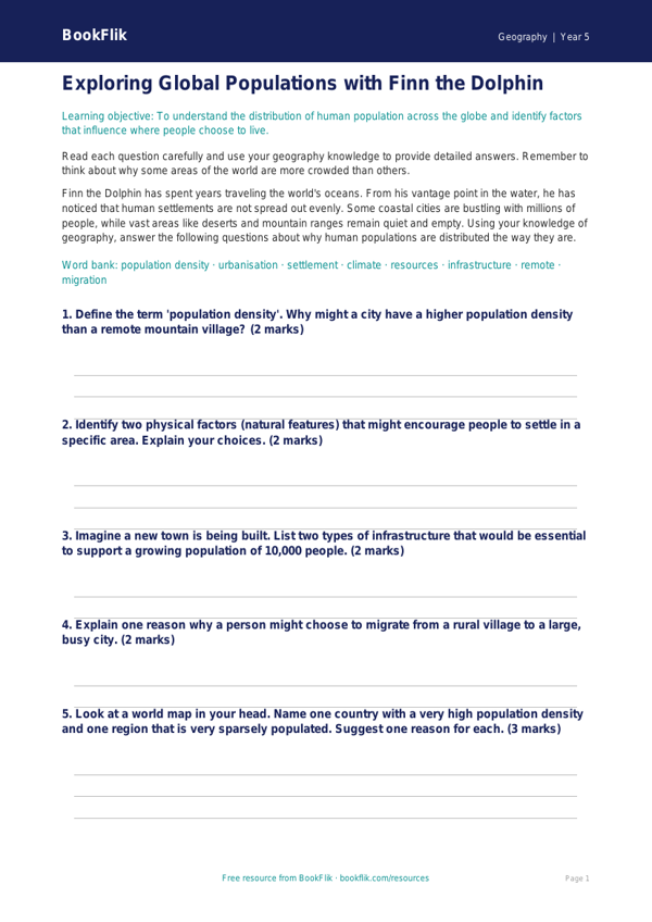 Free Population Worksheet | Grade 4 | Geography | BookFlik worksheet preview — Geography Population