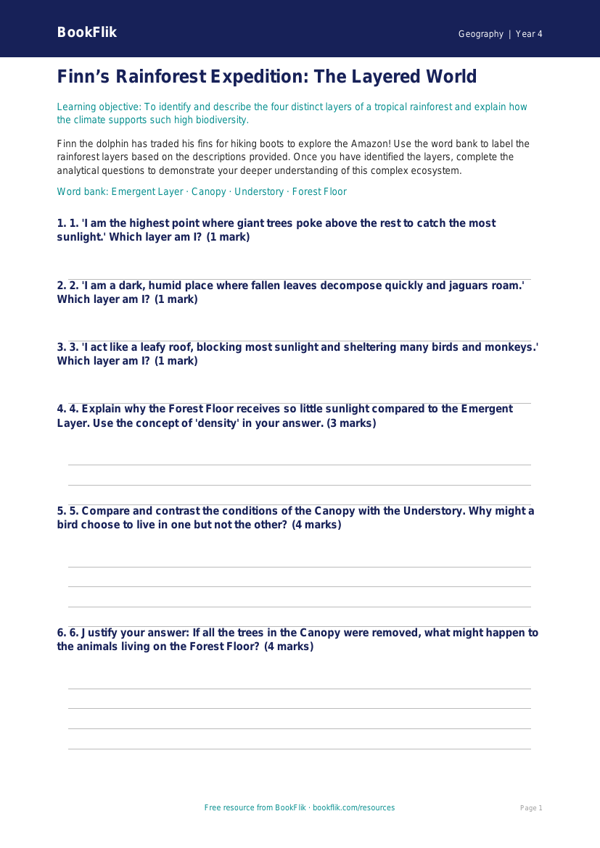 Free Rainforests Activity Sheet | Grade 3 | Geography | BookFlik worksheet preview — Geography Rainforests