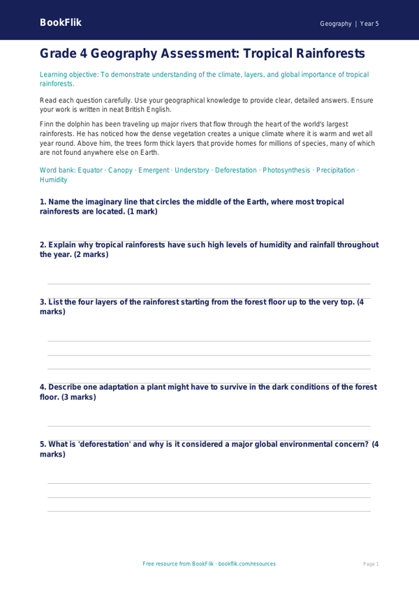 Free Rainforests Assessment | Grade 4 | Geography | BookFlik worksheet preview — Geography Rainforests