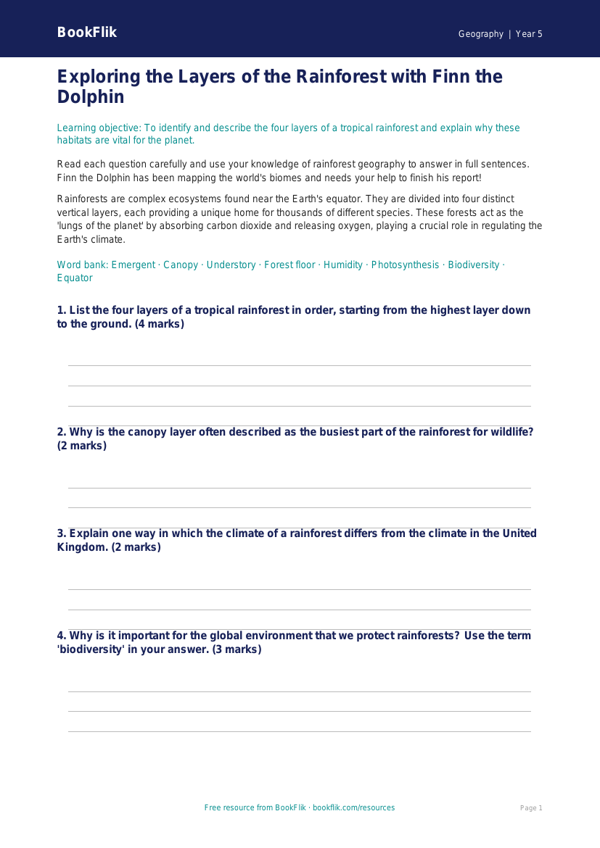 Free Rainforests Worksheet | Grade 4 | Geography | BookFlik worksheet preview — Geography Rainforests