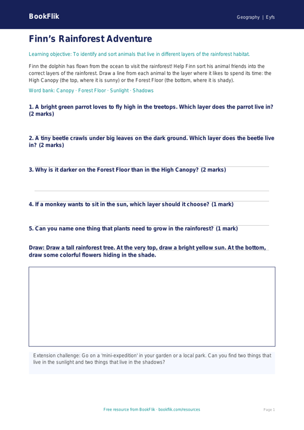 Free Rainforests Activity Sheet | Pre-K | Geography | BookFlik worksheet preview — Geography Rainforests