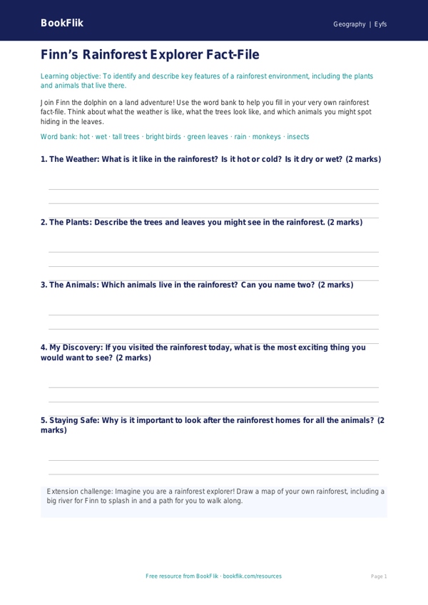 Free Rainforests Template | Pre-K | Geography | BookFlik worksheet preview — Geography Rainforests