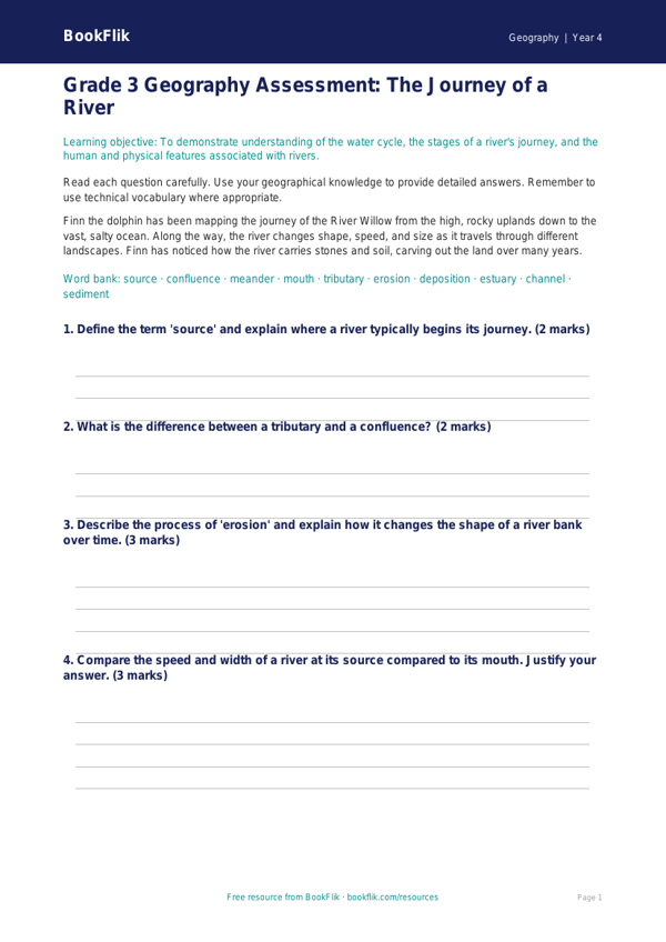Free Rivers Assessment | Grade 3 | Geography | BookFlik worksheet preview — Geography Rivers