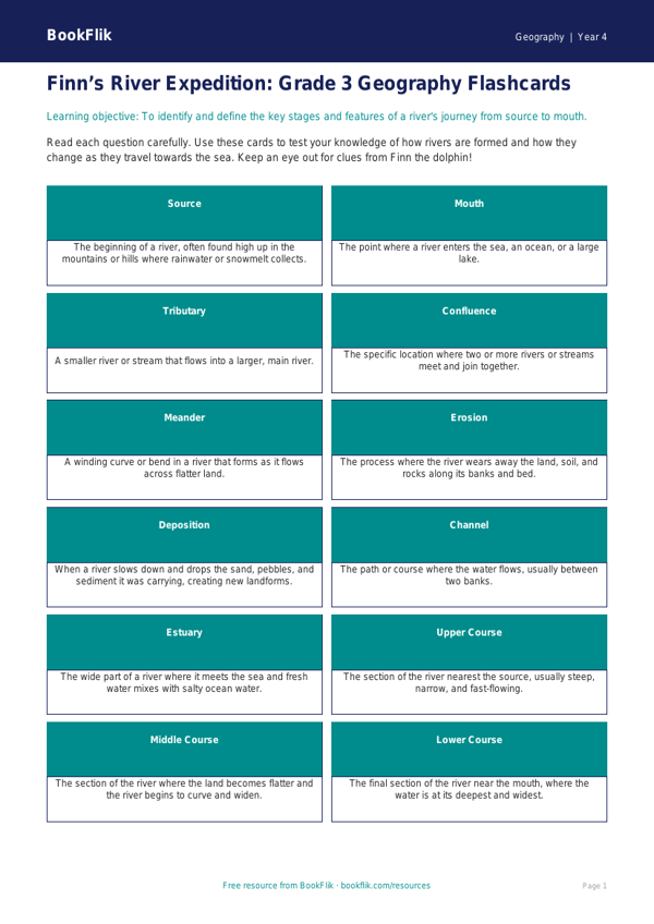 Geography rivers flashcards grade 3 greater depth worksheet preview — Geography Rivers