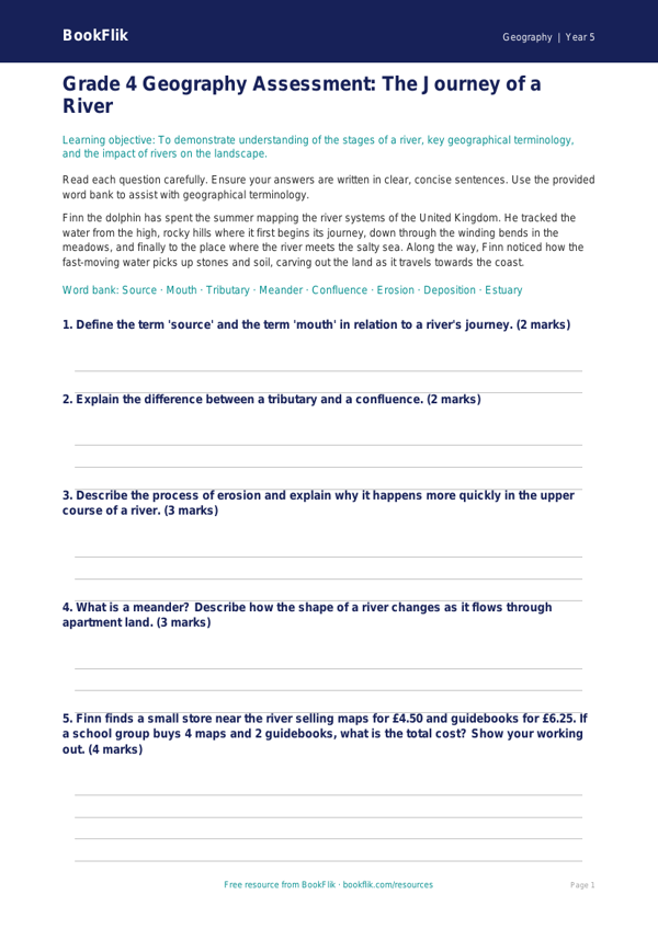 Free Rivers Assessment | Grade 4 | Geography | BookFlik worksheet preview — Geography Rivers