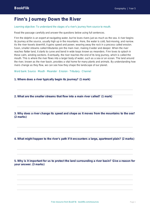 Free Rivers Comprehension | Grade 4 | Geography | BookFlik worksheet preview — Geography Rivers