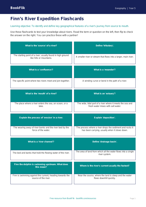 Free Rivers Flashcards | Grade 4 | Geography | BookFlik worksheet preview — Geography Rivers