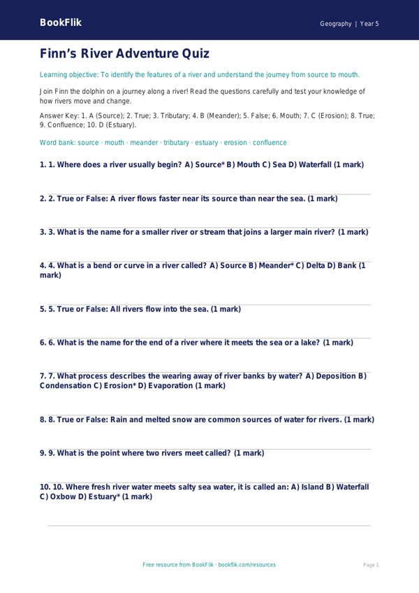 Free Rivers Quiz | Grade 4 | Geography | BookFlik worksheet preview — Geography Rivers