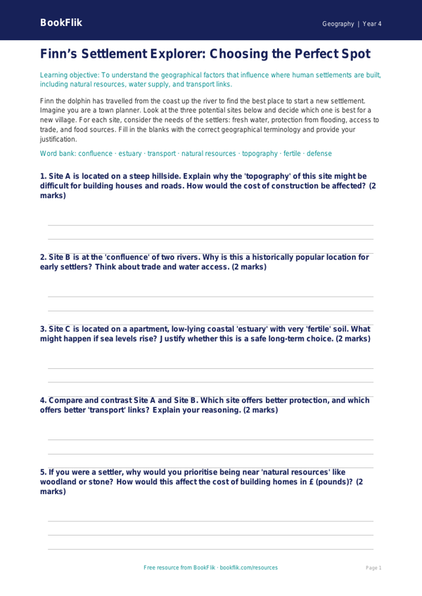 Free Settlements Activity Sheet | Grade 3 | Geography | BookFlik worksheet preview — Geography Settlements
