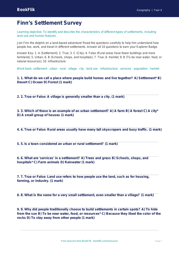 Free Settlements Quiz | Grade 3 | Geography | BookFlik worksheet preview — Geography Settlements