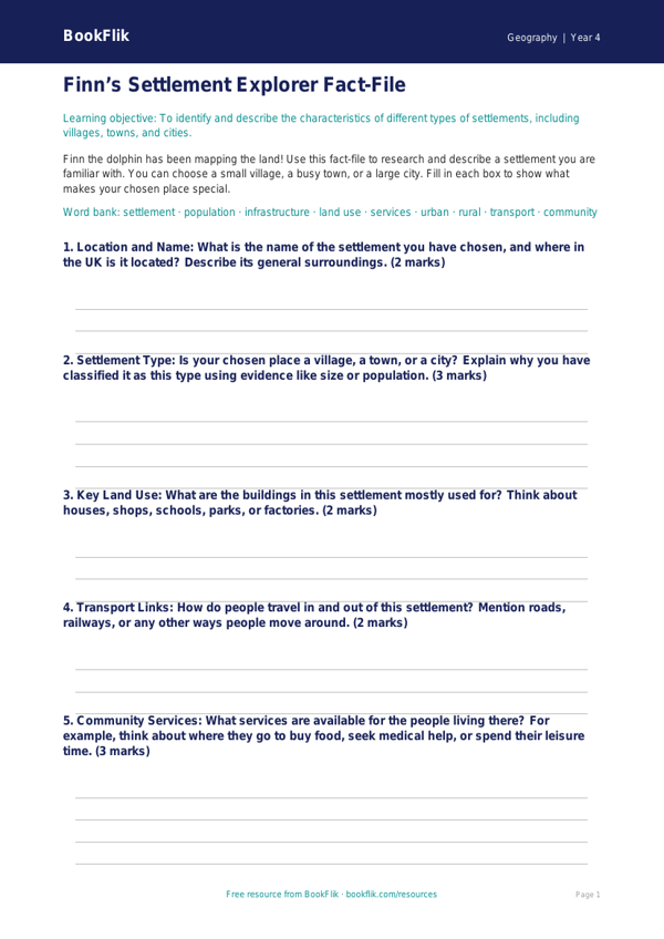 Free Settlements Template | Grade 3 | Geography | BookFlik worksheet preview — Geography Settlements