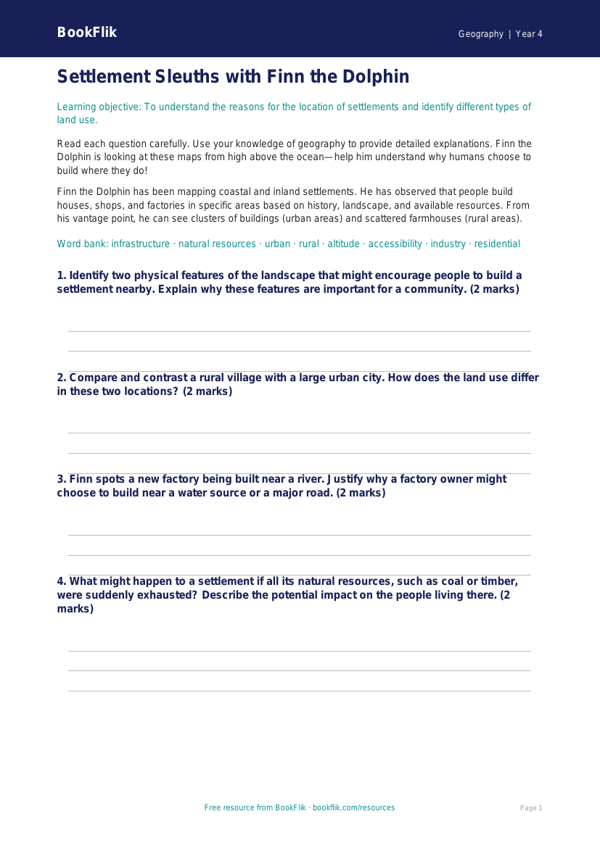 Free Settlements Worksheet | Grade 3 | Geography | BookFlik worksheet preview — Geography Settlements