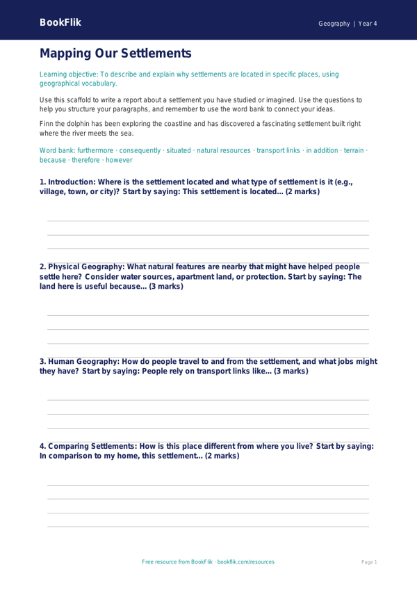 Geography settlements writing frame grade 3 core worksheet preview — Geography Settlements