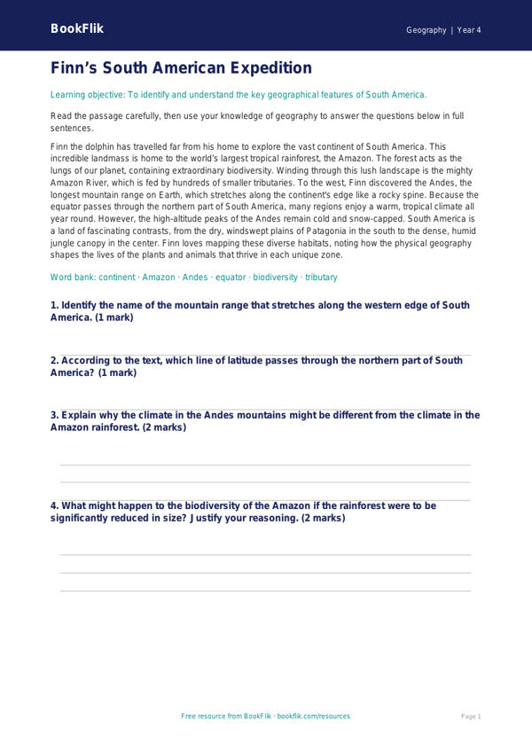 Free South America Comprehension | Grade 3 | Geography | BookFlik worksheet preview — Geography South America