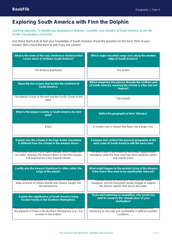 Free South America Flashcards | Grade 3 | Geography | BookFlik worksheet preview — Geography South America