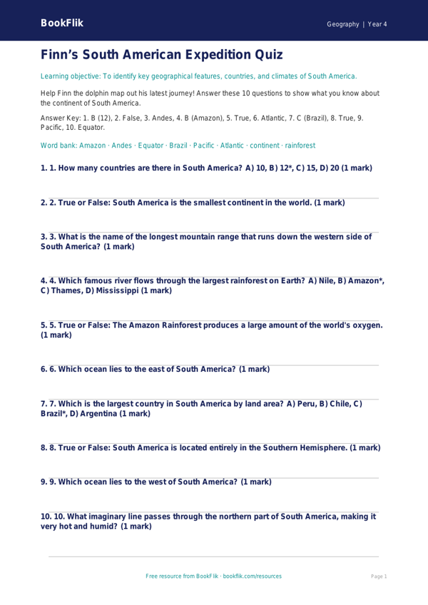 Free South America Quiz | Grade 3 | Geography | BookFlik worksheet preview — Geography South America