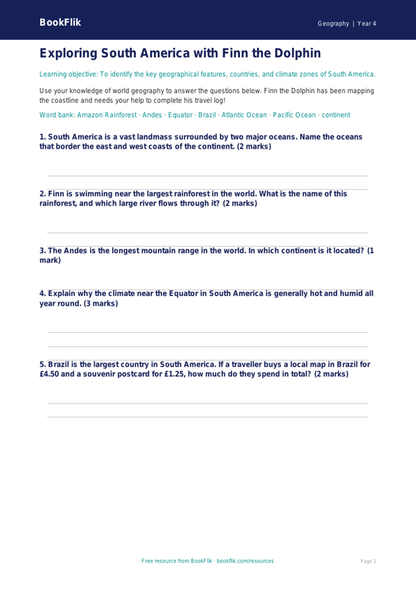 Free South America Worksheet | Grade 3 | Geography | BookFlik worksheet preview — Geography South America
