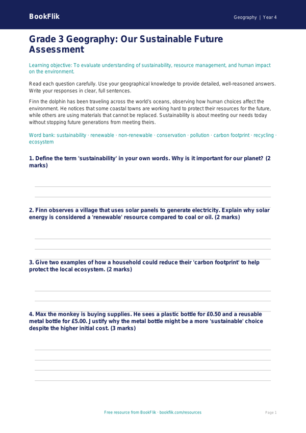 Free Sustainability Assessment | Grade 3 | Geography | BookFlik worksheet preview — Geography Sustainability