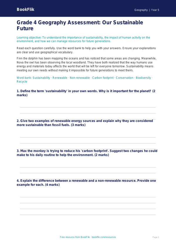 Free Sustainability Assessment | Grade 4 | Geography | BookFlik worksheet preview — Geography Sustainability