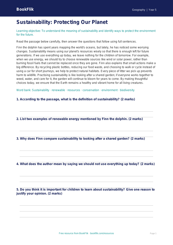 Free Sustainability Comprehension | Grade 4 | Geography | BookFlik worksheet preview — Geography Sustainability