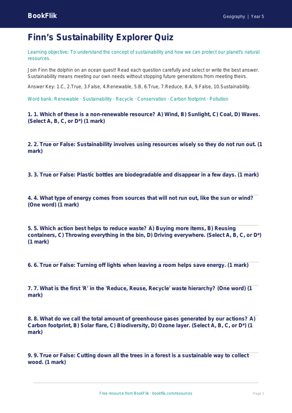 Free Sustainability Quiz | Grade 4 | Geography | BookFlik worksheet preview — Geography Sustainability