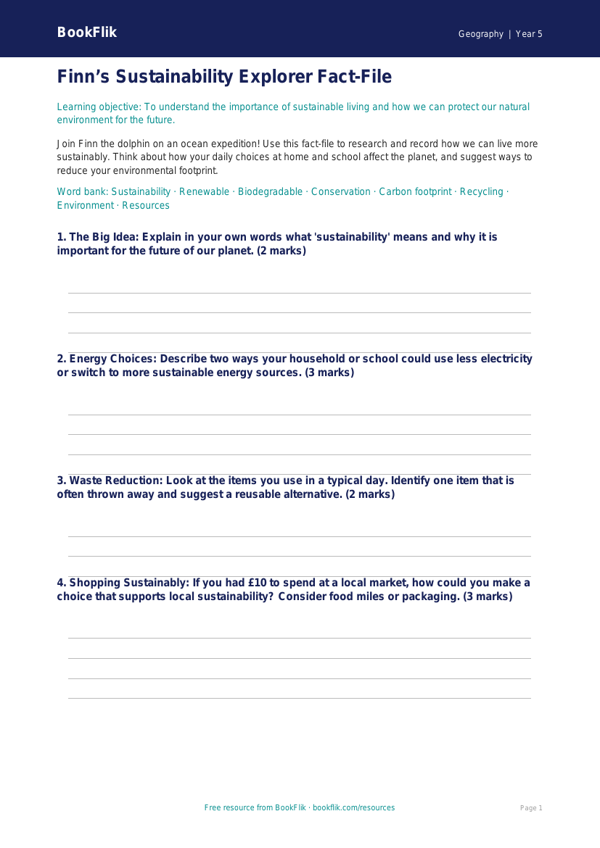 Free Sustainability Template | Grade 4 | Geography | BookFlik worksheet preview — Geography Sustainability