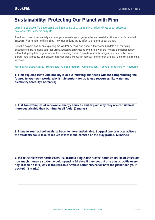 Free Sustainability Worksheet | Grade 4 | Geography | BookFlik worksheet preview — Geography Sustainability