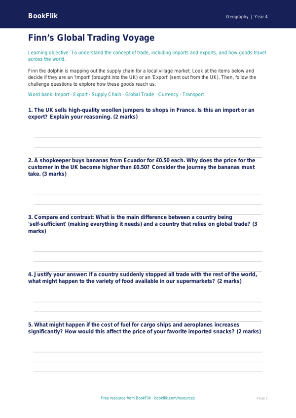 Free Trade Activity Sheet | Grade 3 | Geography | BookFlik worksheet preview — Geography Trade