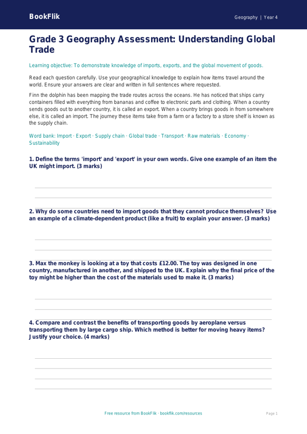 Free Trade Assessment | Grade 3 | Geography | BookFlik worksheet preview — Geography Trade