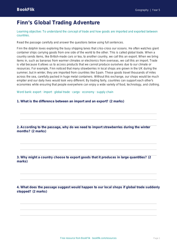 Free Trade Comprehension | Grade 4 | Geography | BookFlik worksheet preview — Geography Trade