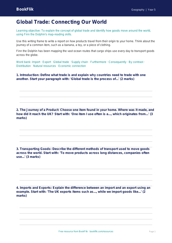 Free Trade Writing Frame | Grade 4 | Geography | BookFlik worksheet preview — Geography Trade