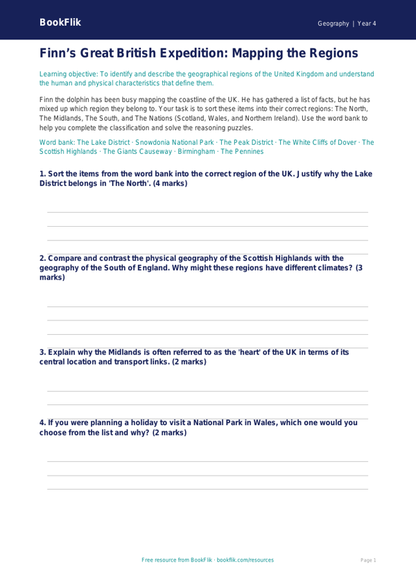 UK Regions Geography Worksheet for Grade 3 | BookFlik worksheet preview — Geography Uk Regions