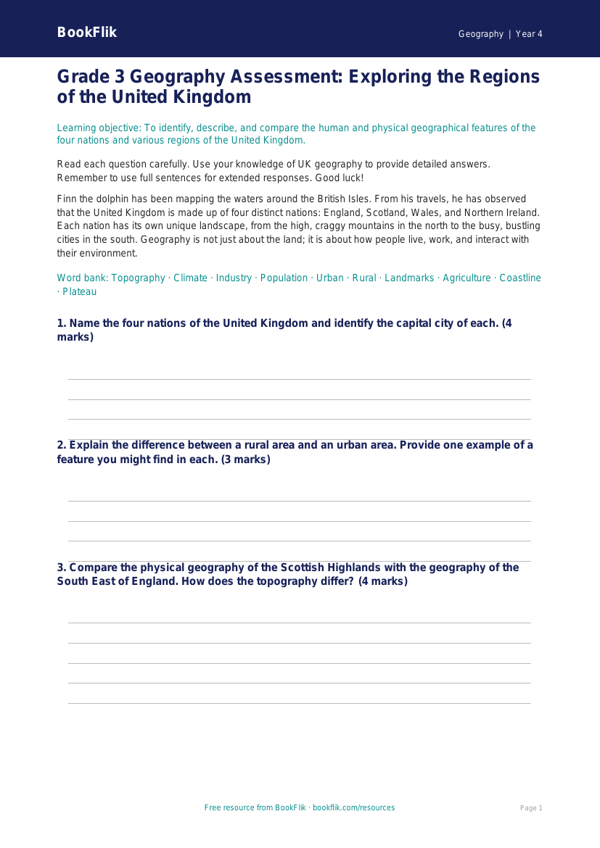 Grade 3 Geography: Understanding UK Regions | BookFlik Resources worksheet preview — Geography Uk Regions