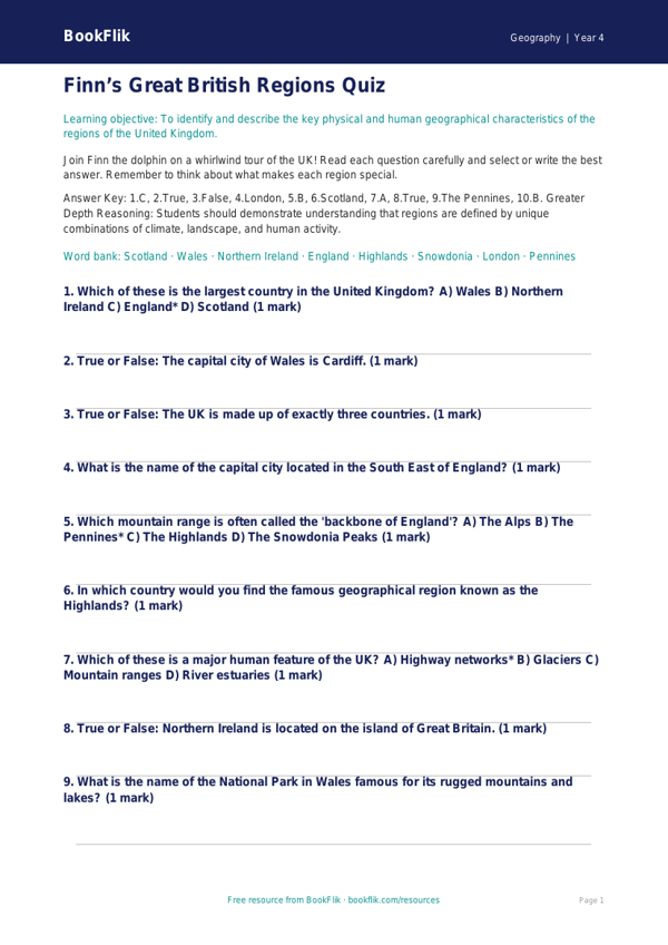 UK Regions Geography Quiz for Grade 3 | BookFlik Resources worksheet preview — Geography Uk Regions